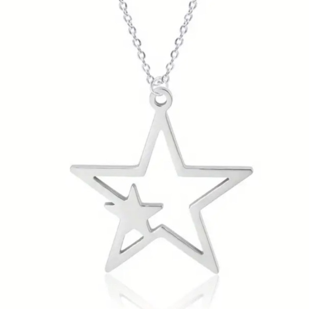 Silver Star Pendant Necklace | Stainless Steel Cutout Double Star 20” Chain
